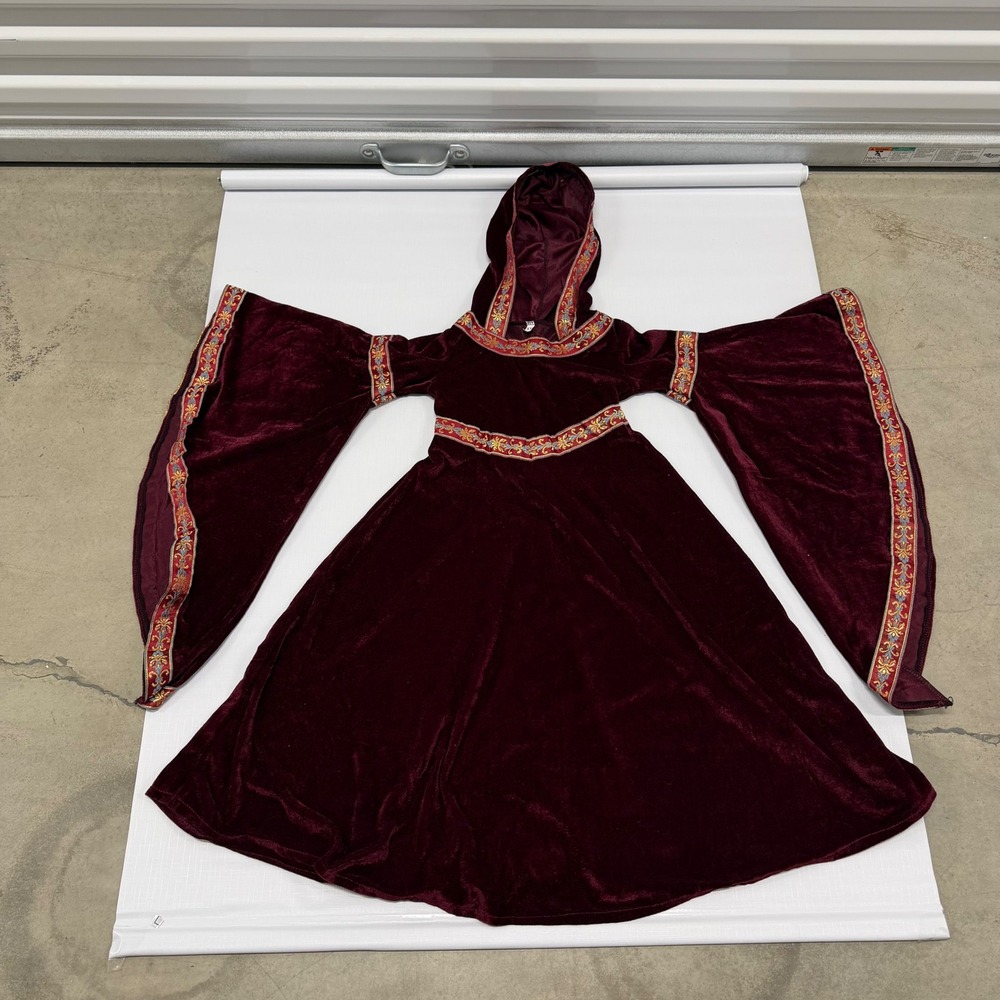 Burgundy Crushed Velvet Medieval Hooded Dress XS Renaissance Cosplay Bell Sleeve